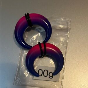 Pink and Blue Crescent 00gauge ear plugs made of wood